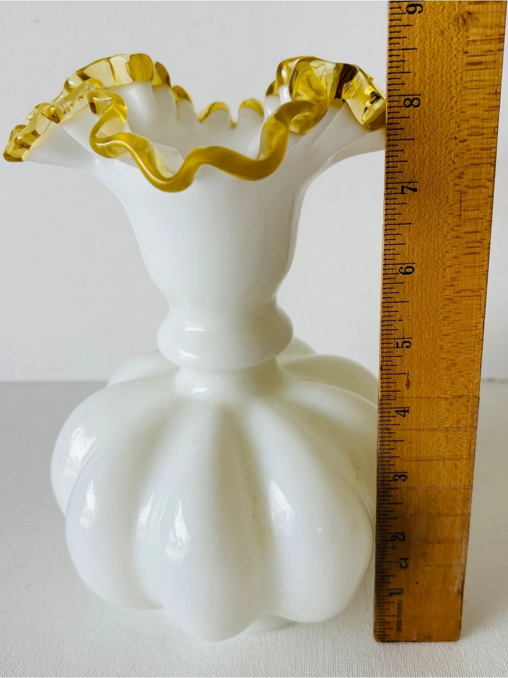 Fenton Art Glass Gold Crest Ruffled Milk Glass Melon Vase 8